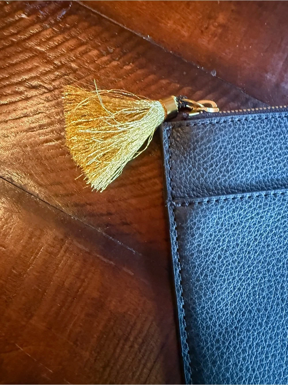 J. Crew Black Leather Zip Pouch with Gold Tassel